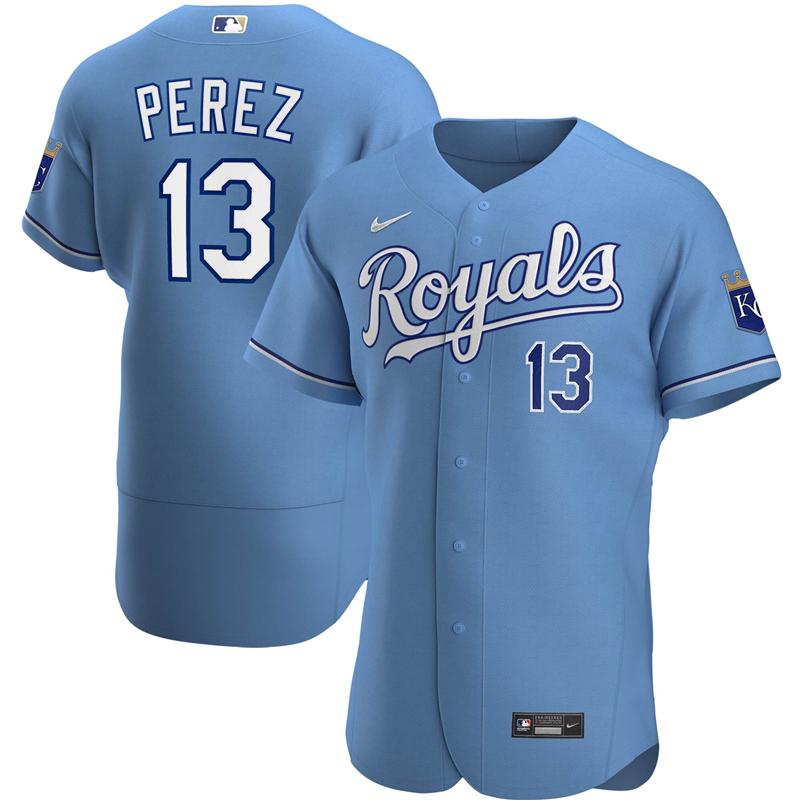 2020 MLB Men Kansas City Royals #13 Salvador Perez Nike Light Blue Alternate 2020 Authentic Player Jersey 1